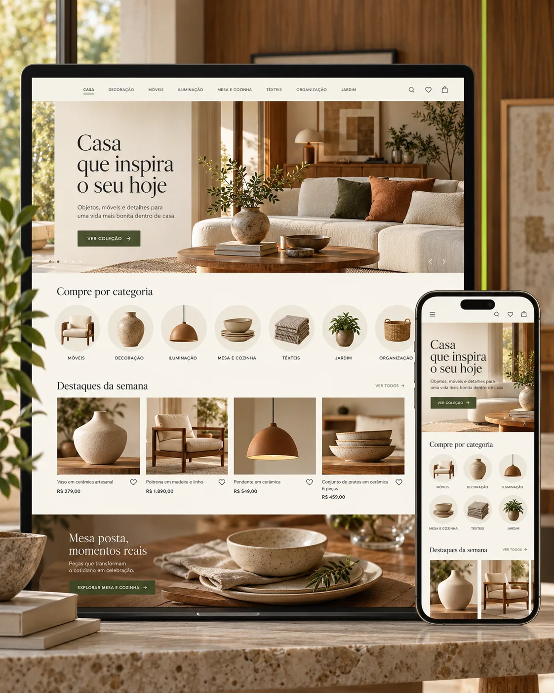 Layout de loja virtual para Loja Integrada em desktop e celular, com produtos para casa e decoração.