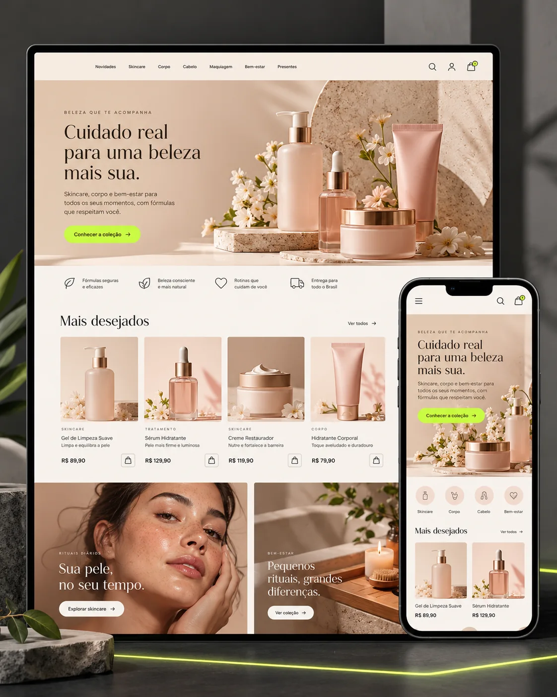 Layout de loja virtual para Nuvemshop em desktop e celular, com vitrine de beleza responsiva.