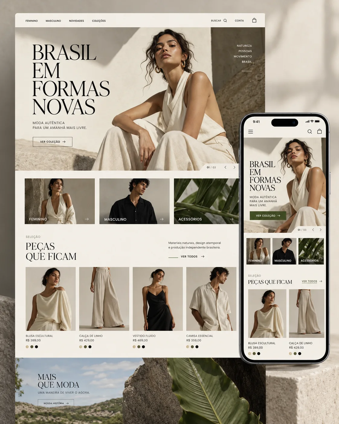 Conceito de loja virtual de moda autoral da galeria Shopify, com direção visual editorial contemporânea.