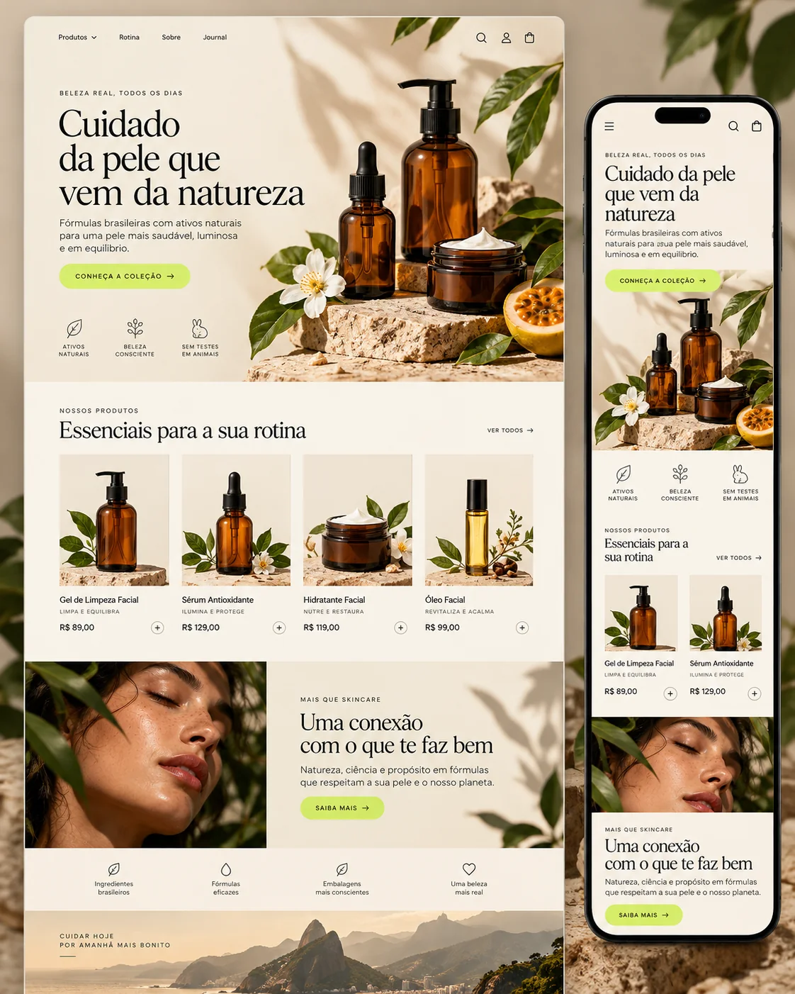 Conceito de loja virtual de skincare botânico da galeria Shopify, adaptável a um projeto exclusivo em Loja Integrada.